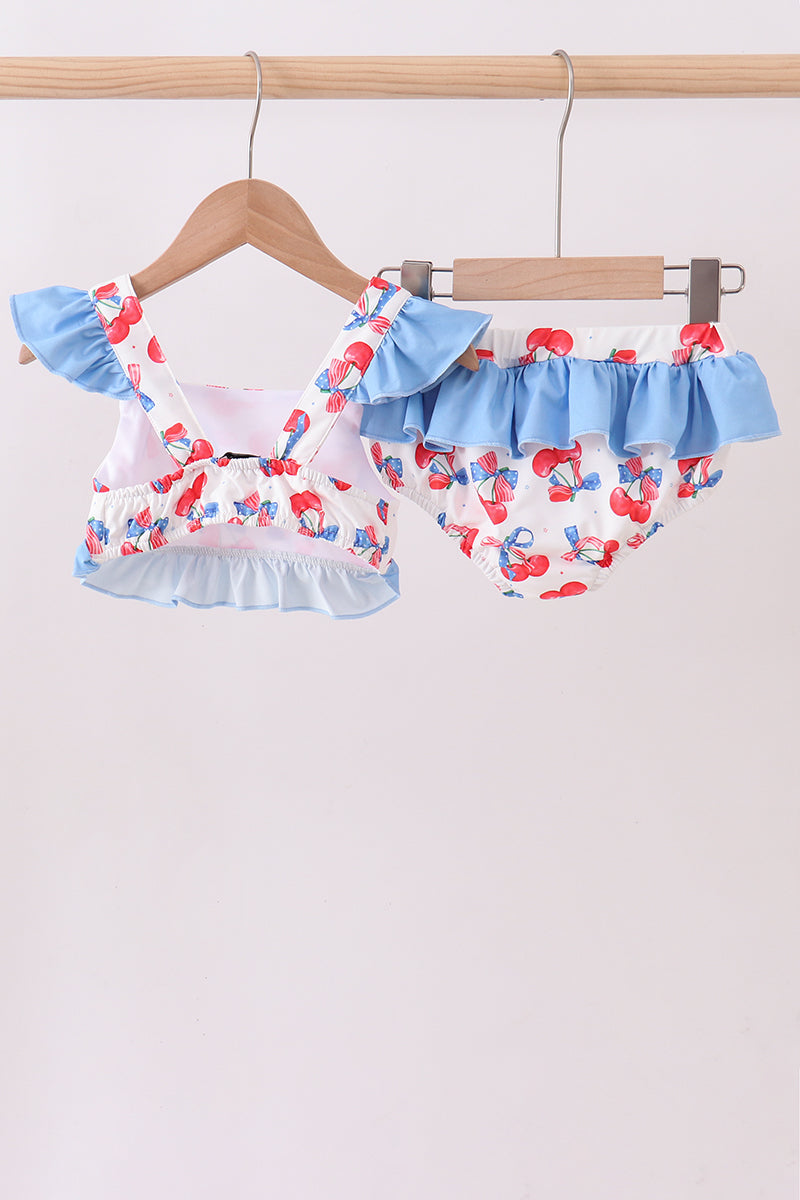 Blue Cherry Print Two-Piece Ruffle Swimsuit
