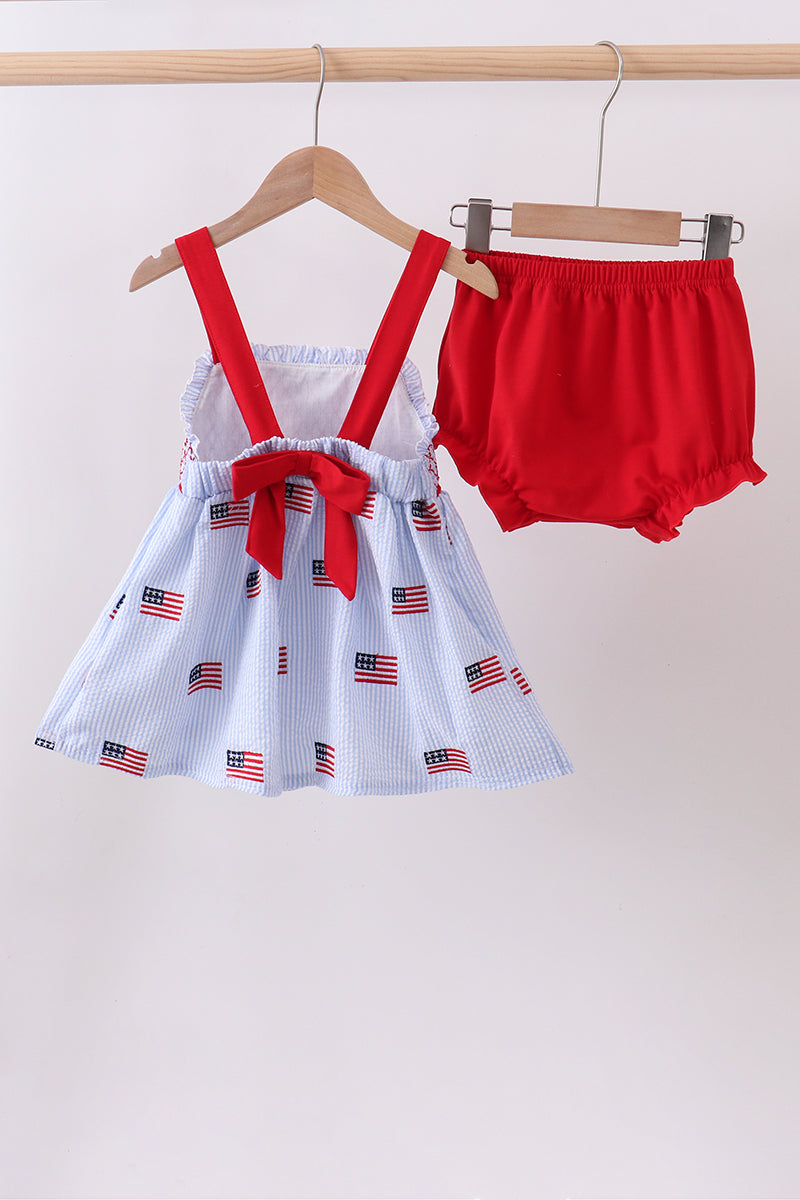 Blue Flag Embroidery Seersucker Bloomer Set