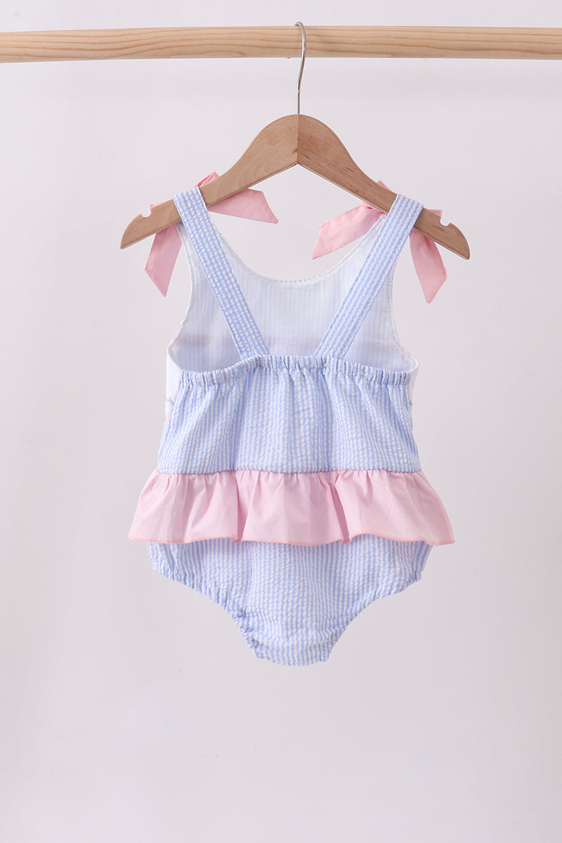 Blue Stripe Seersucker Crab Embroidery Swimsuit