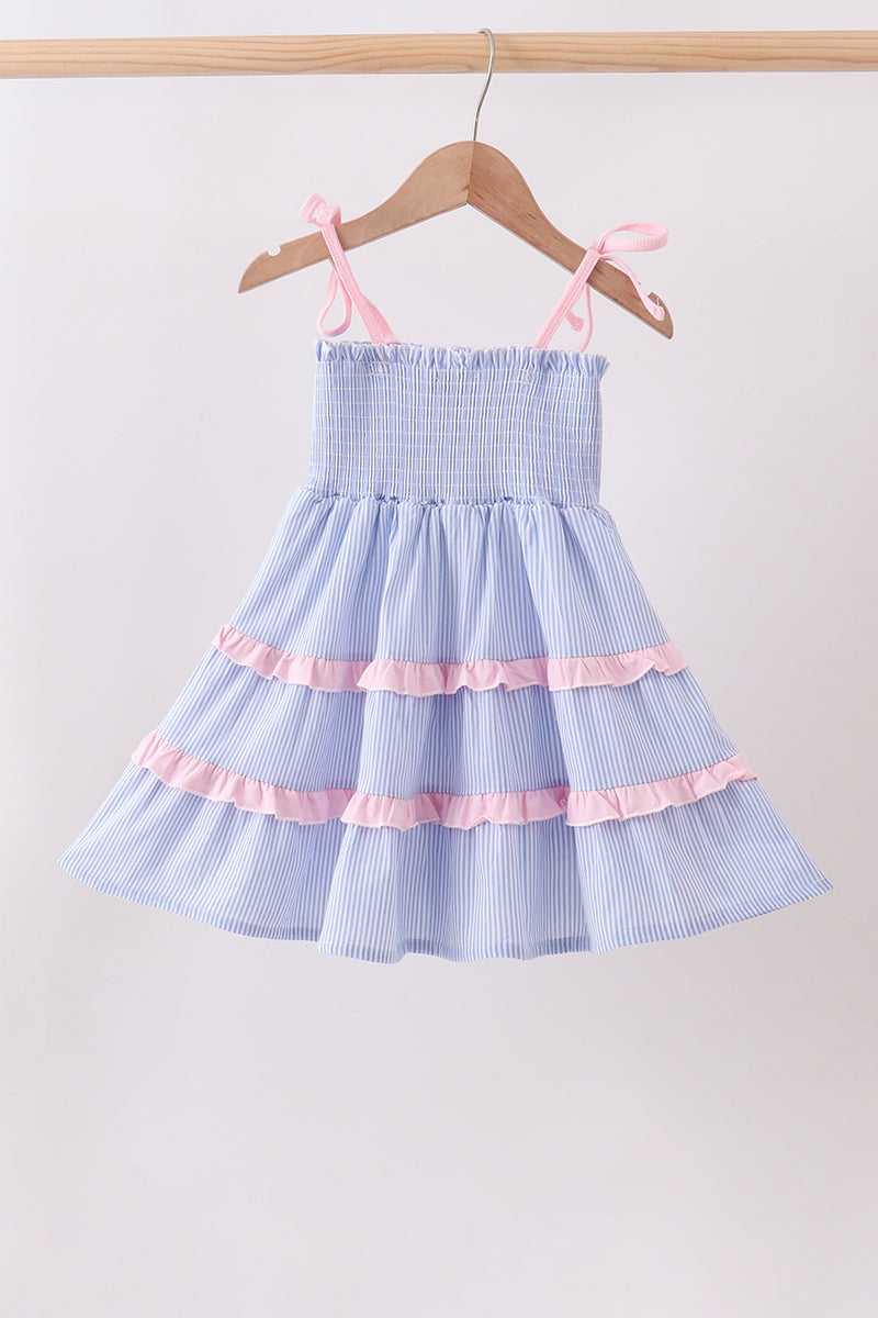 Girls Blue Stripe Smocked Dress
