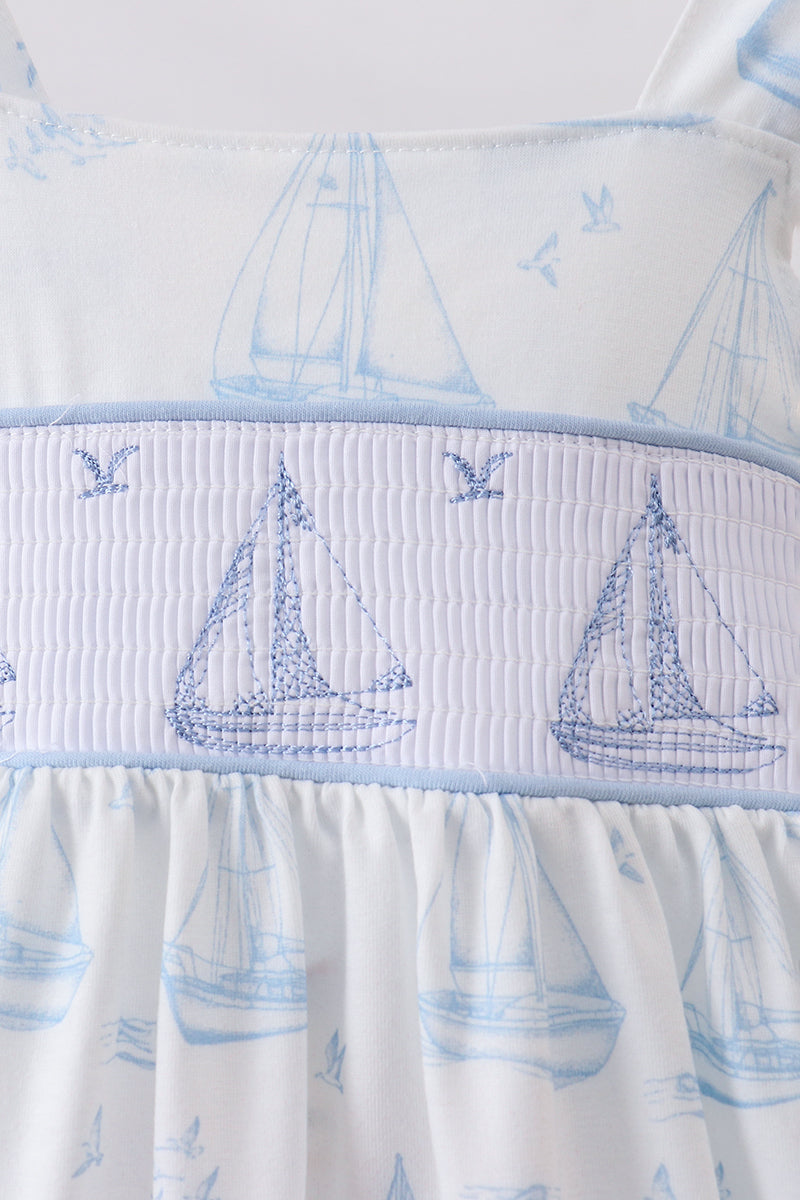Girls Blue Sailboat Smocked Ruffle Dress