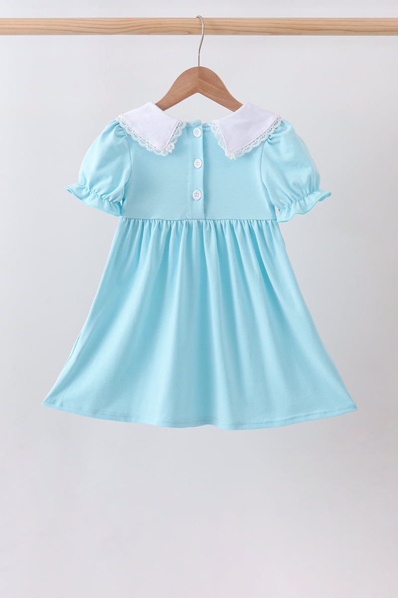 Girls Blue Apple Smocked Lace Dress