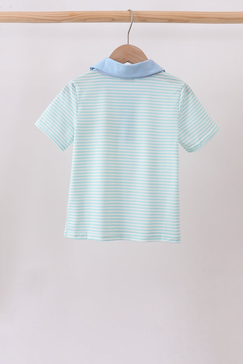 Boys Blue Tool Embroidery Stripe Polo Shirt