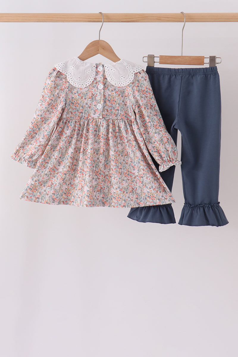 Girls Long Sleeve Floral Smocked Lace Ruffle Pants Set