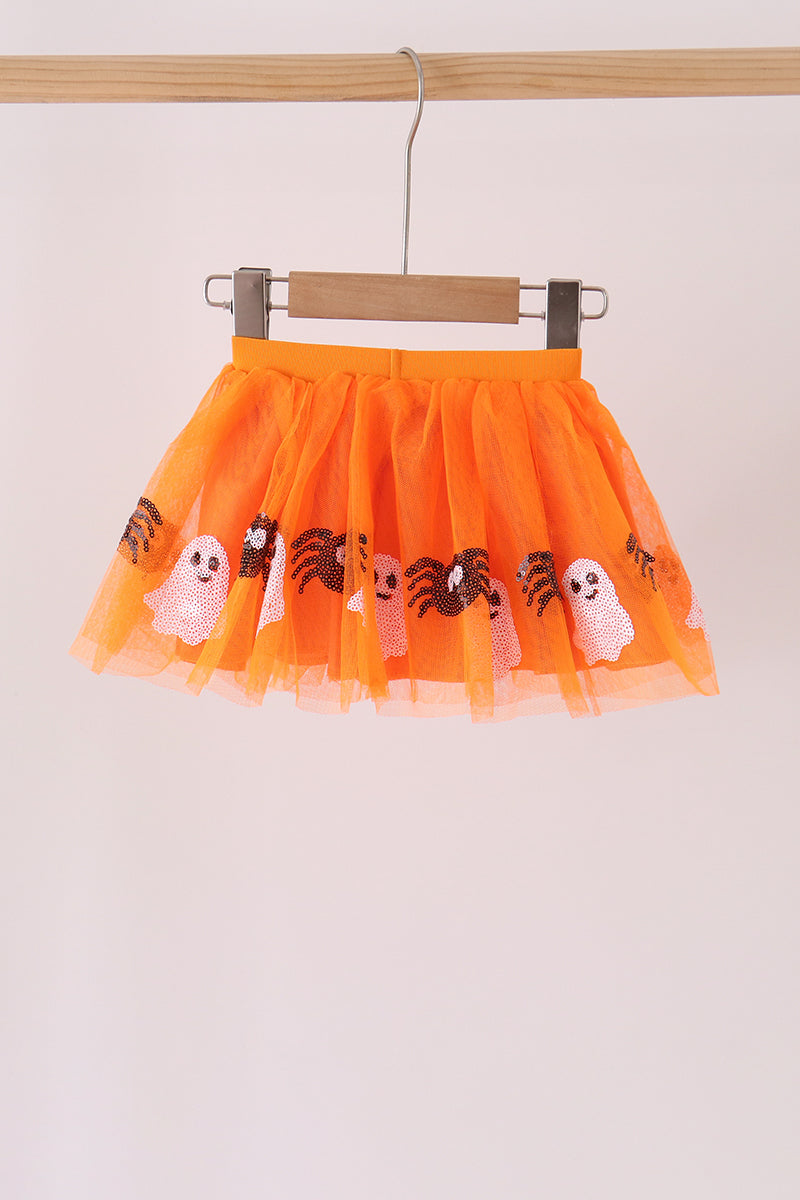 Girls Halloween Orange Spider Ghost Sequin Tutu Skirt