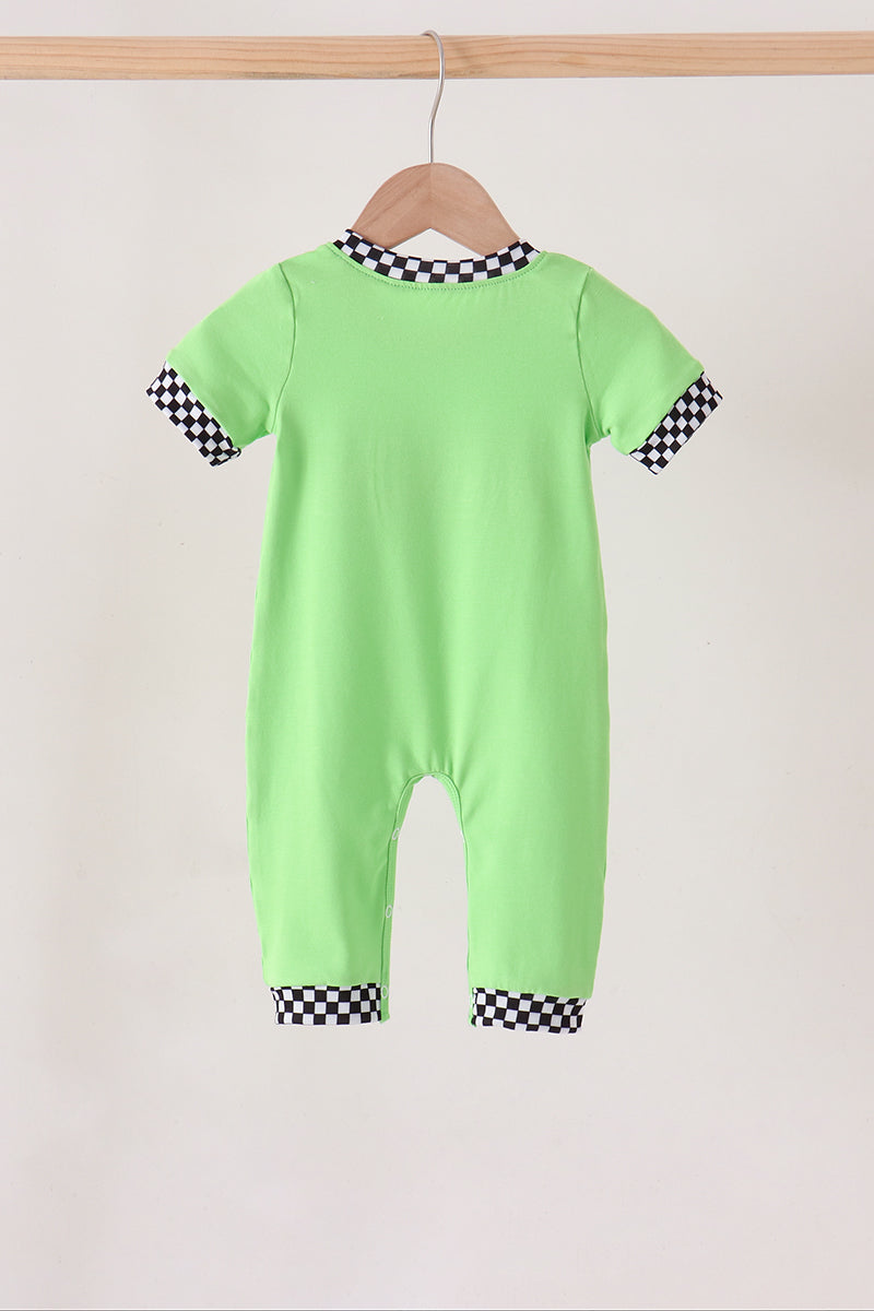 Baby Boy Green Monster Truck Embroidery Checkered Romper
