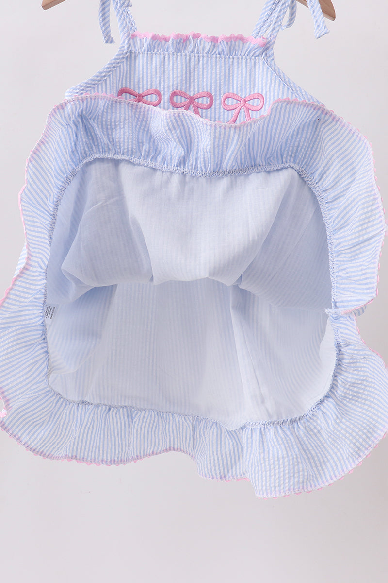 Girls Blue Bow Embroidered Stripe Ruffle Dress
