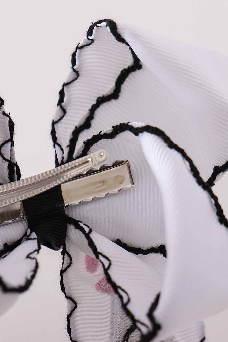Pink Black White Ghost Embroidery Crochet Edge Hair Bow