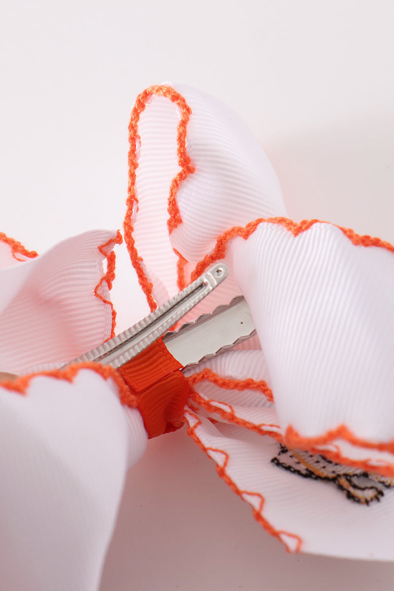 Orange Goose Pumpkin Embroidery Crochet Edge Hair Bow