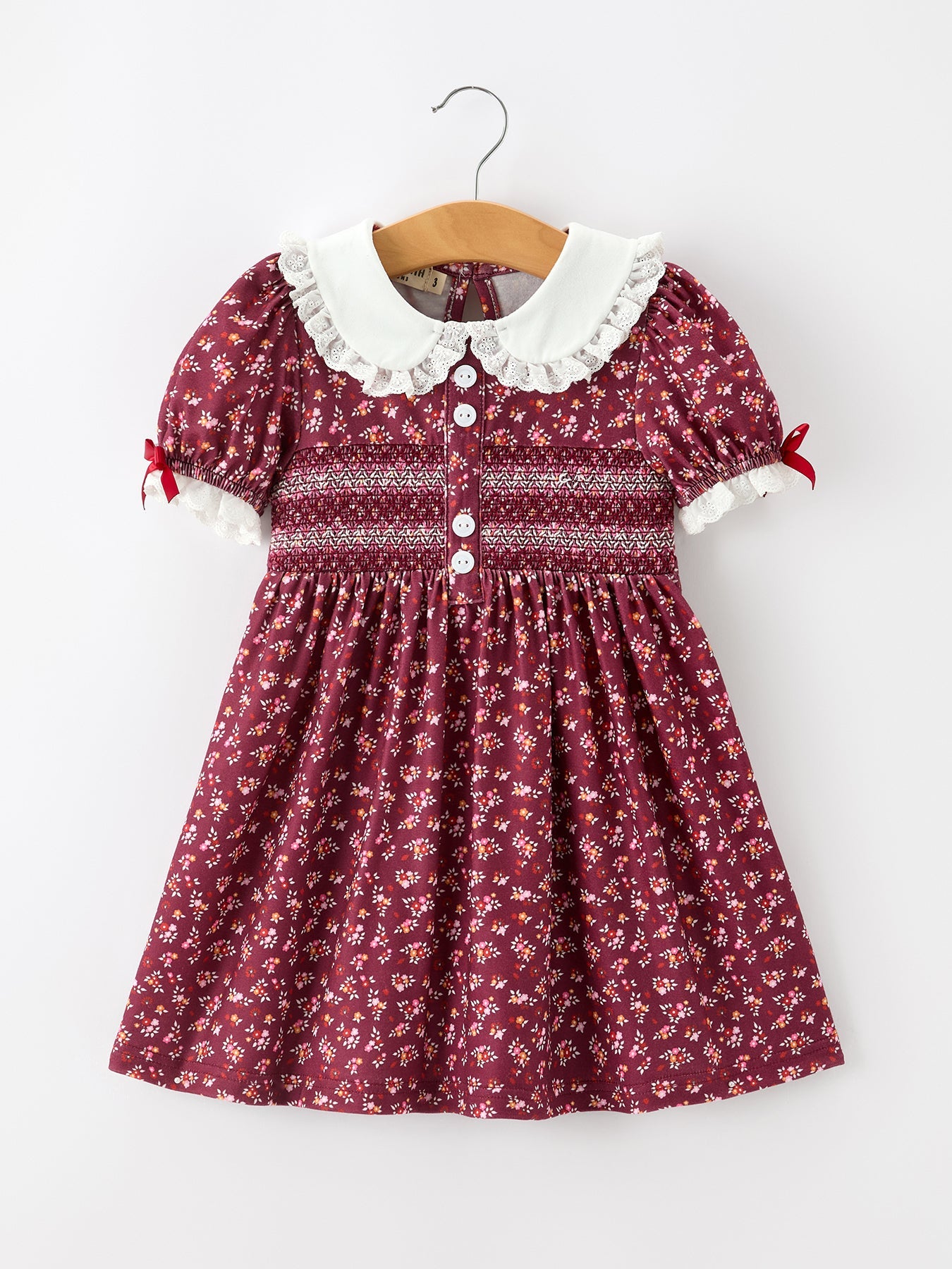 Burgundy Floral Smocked Girls Dress Peter Pan Collar Lace Trim 5