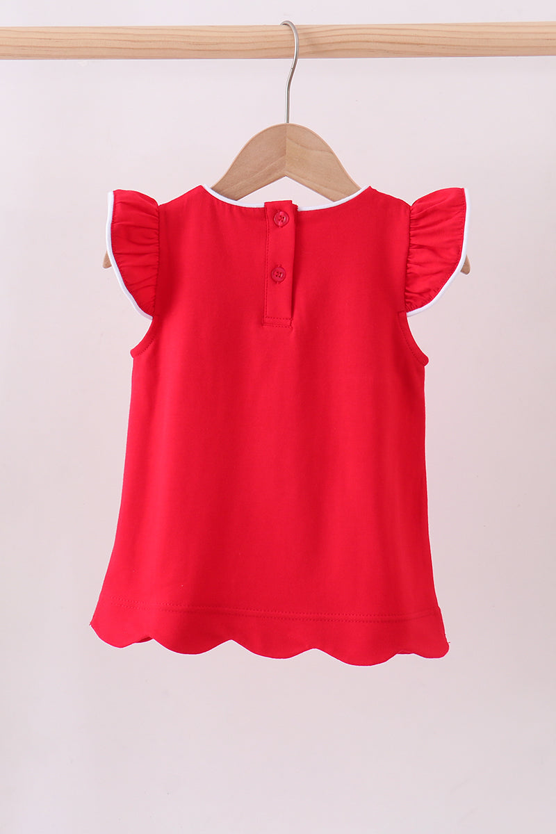 Girls Red Flutter Sleeve Scalloped Top