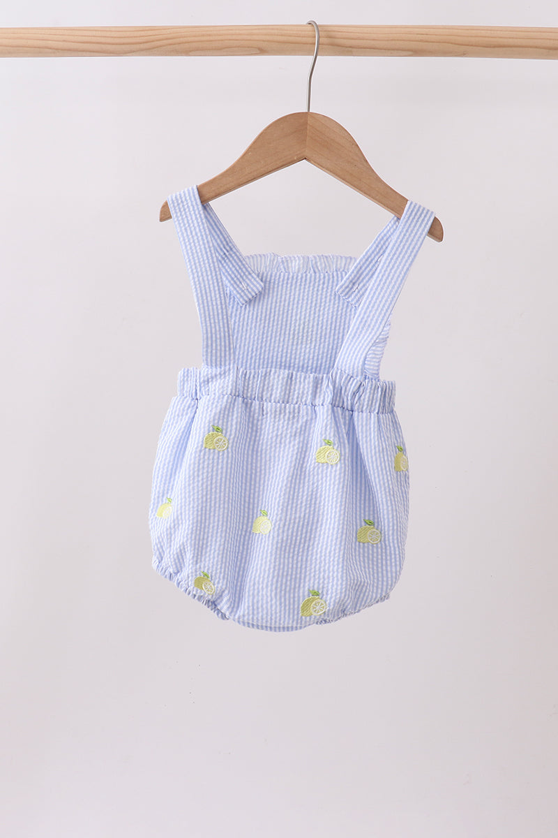 Blue Stripe Seersucker Lemon Embroidery Ruffle Bubble