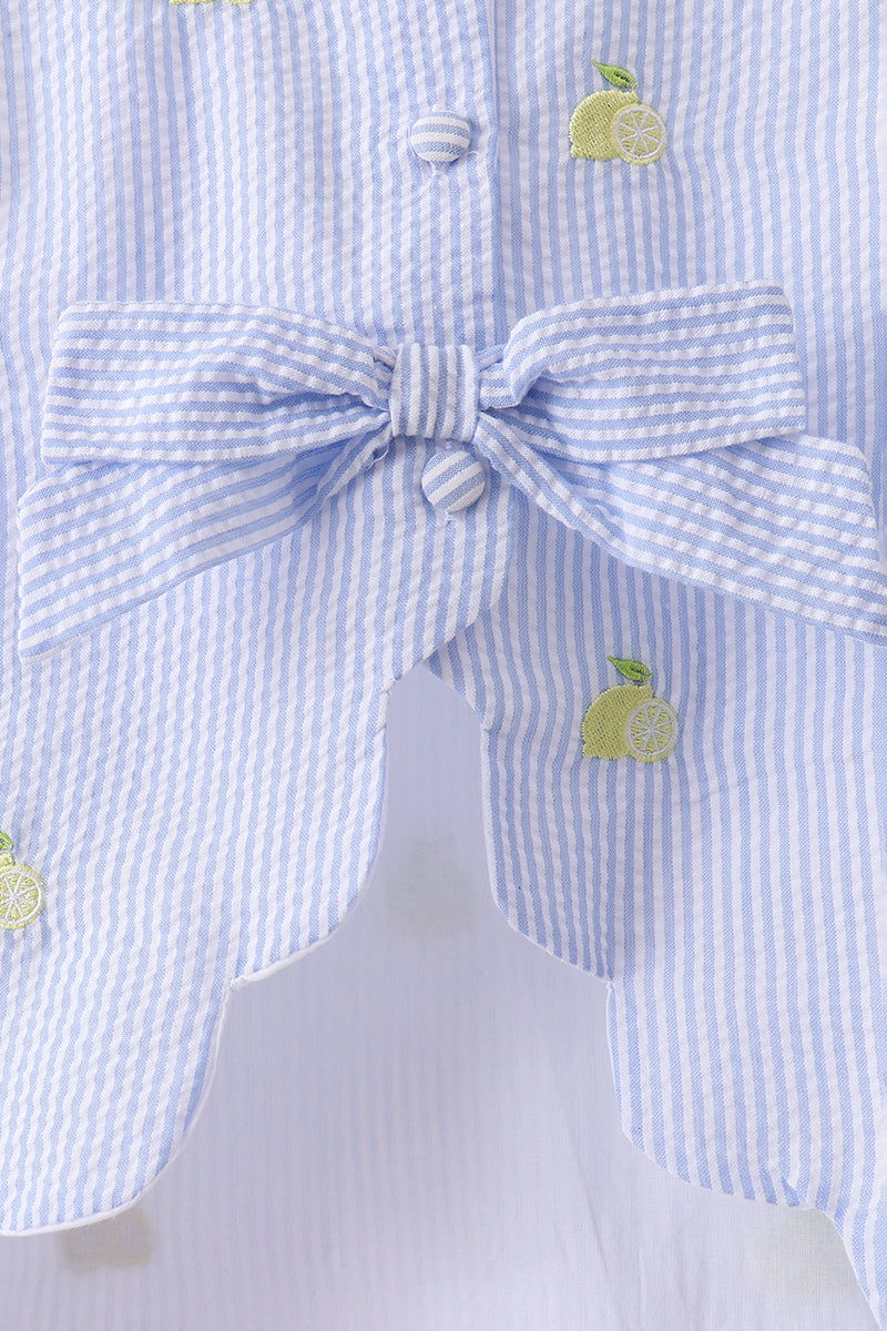 Blue Stripe Seersucker Lemon Embroidery Scalloped Bloomer Set