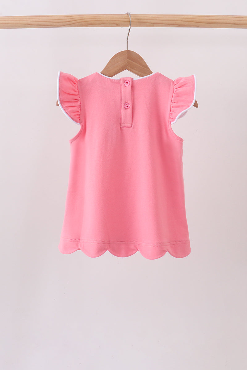 Girls Deep Pink Flutter Sleeve Scalloped Top