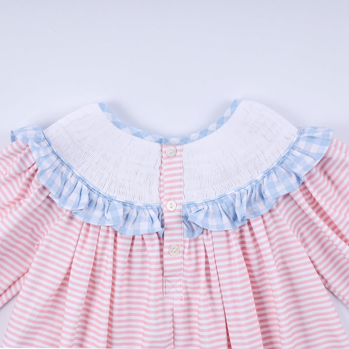 Girls Pink Candy Cane Bow Hand Smocked Ruffle Dress