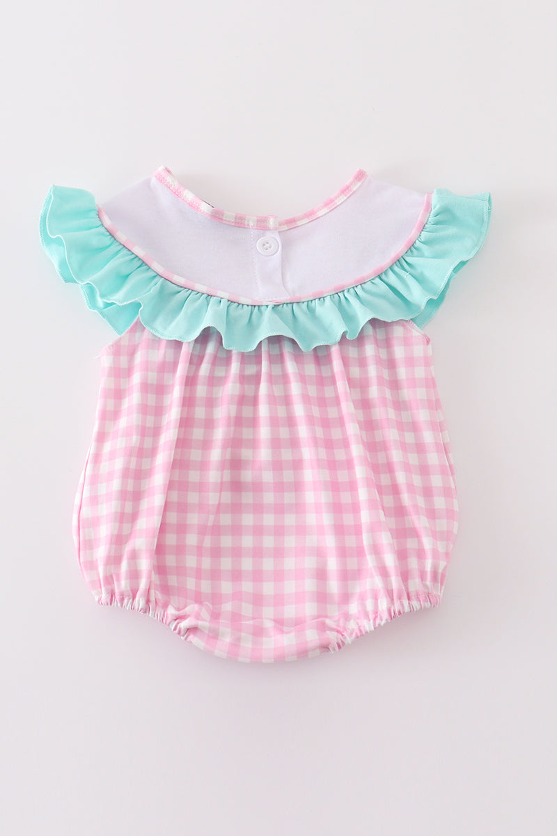 Pink Tractor Embroidery Plaid Baby Girl Bubble