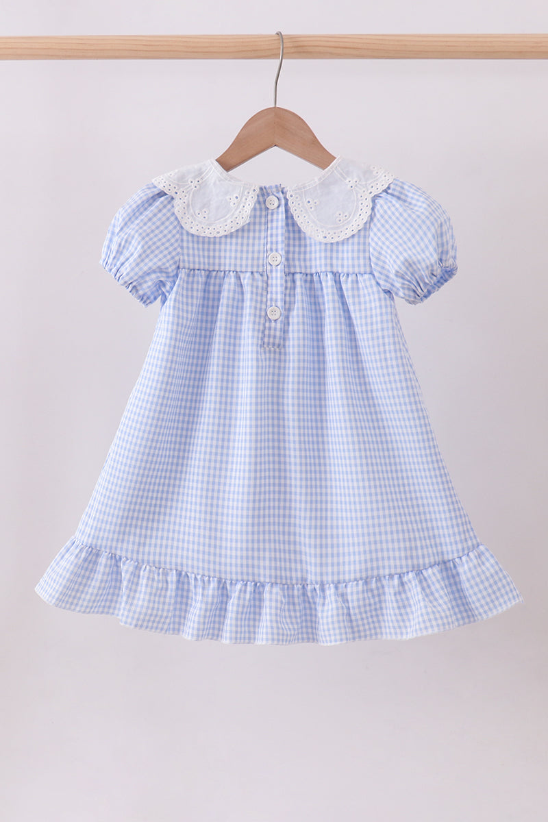 Girls Blue Gingham Lace Ruffle Dress