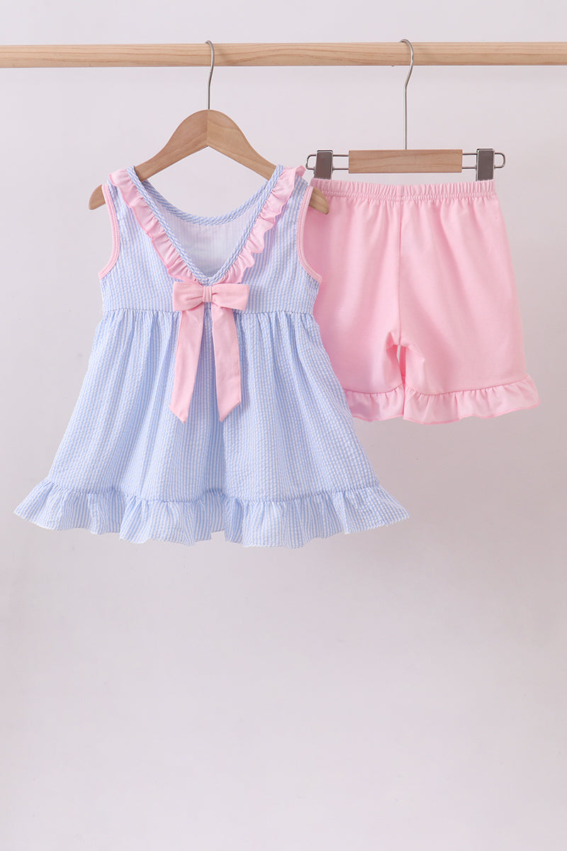 Baby & Girls Blue Crab Embroidered Seersucker Ruffle Shorts Set