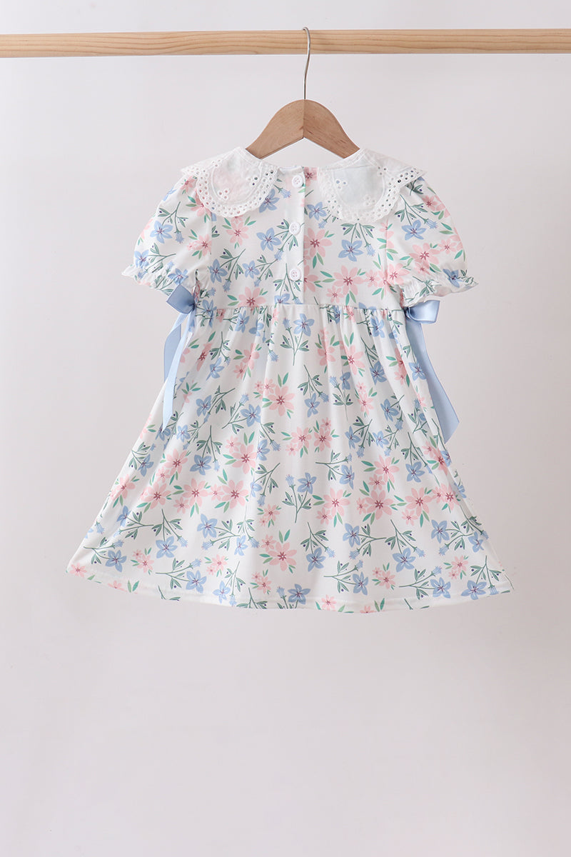 Girls Blue Floral Smocked Dress