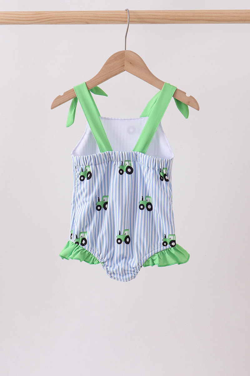 Toddler Girls Blue Tractor Stripe UPF Swim One-Piece