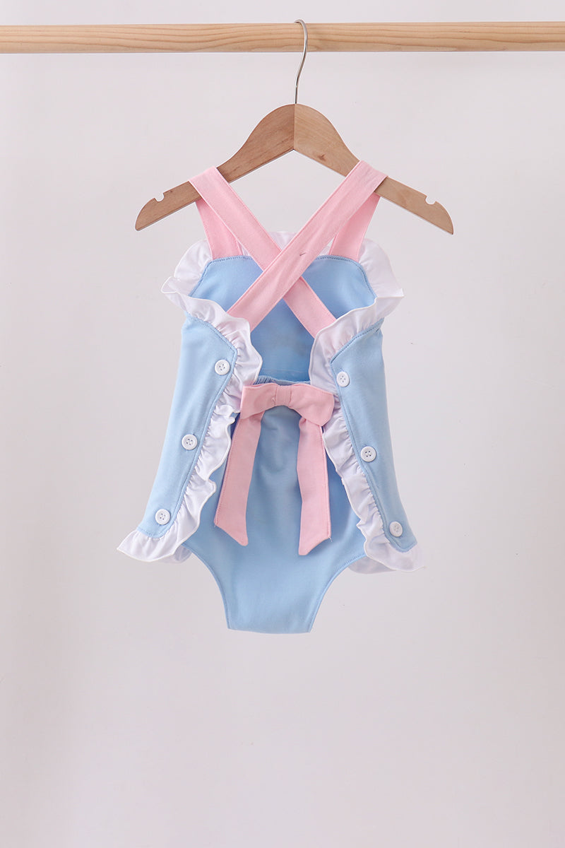 Baby Girls Blue pencil bow embroidery ruffle bubble