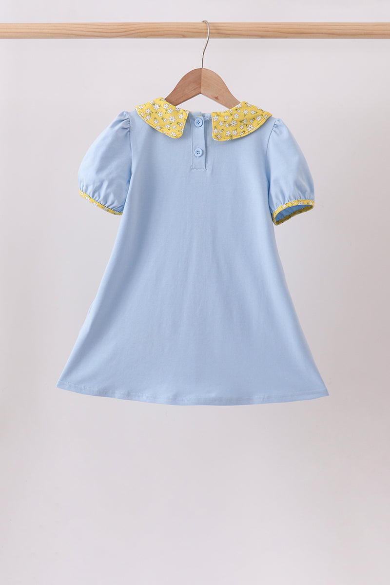 Girls Blue Bus Floral Applique Dress