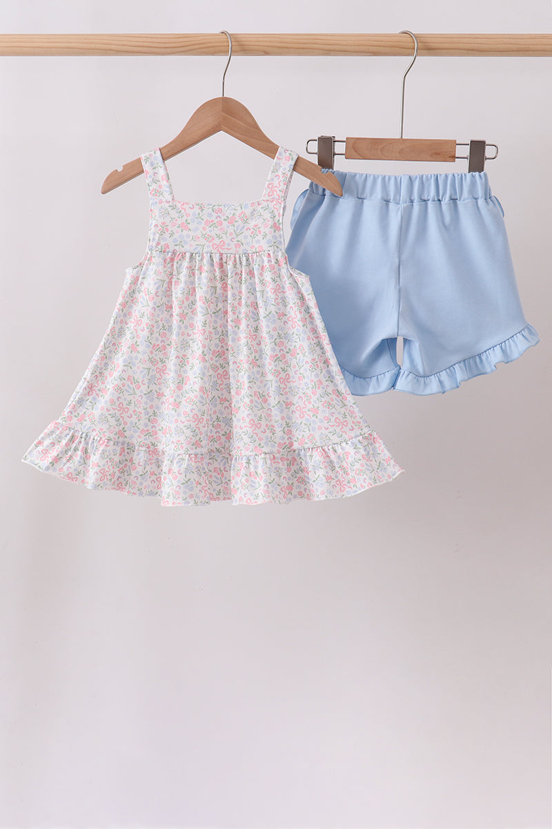Girls Blue Floral Print Ruffle Shorts Set