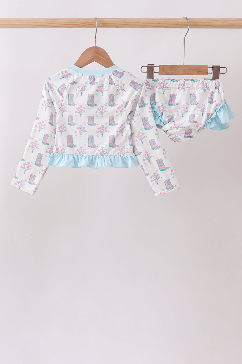 Girls Long Sleeve Blue Boots Ruffle Rashguard Swim Set