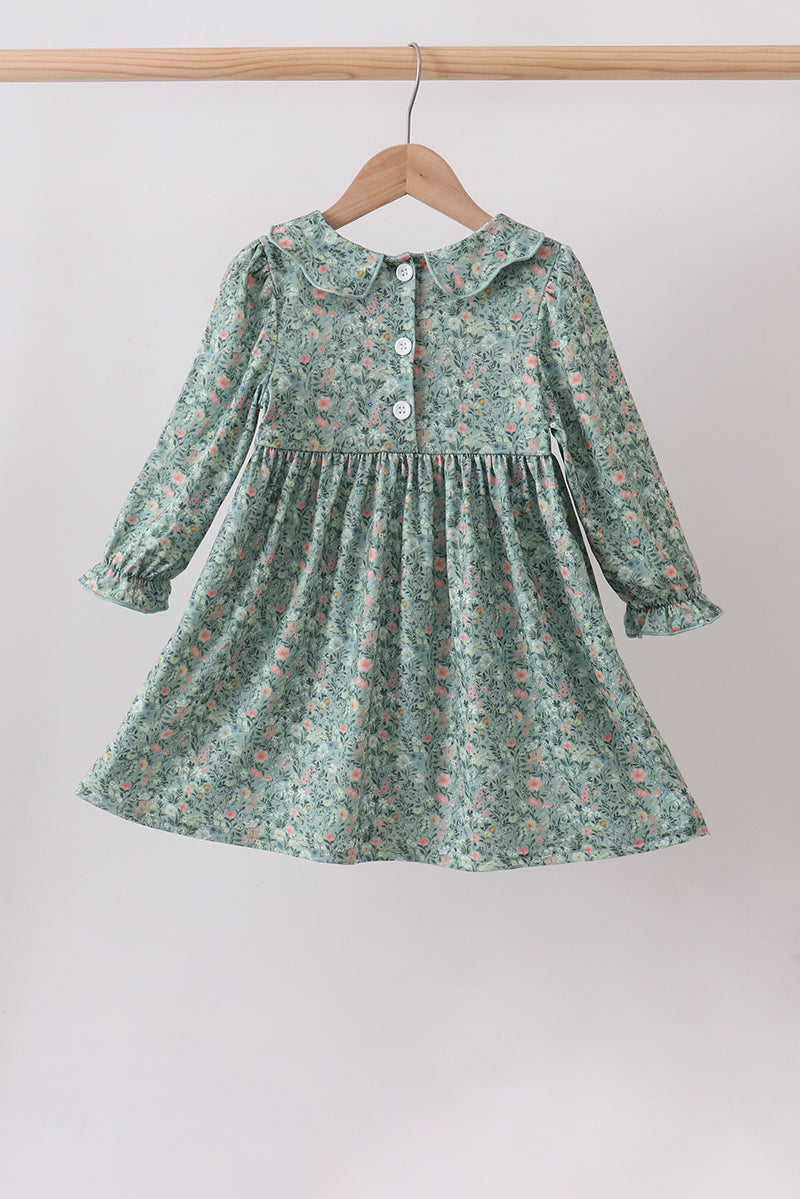 Girls Green Floral Smocked Dress