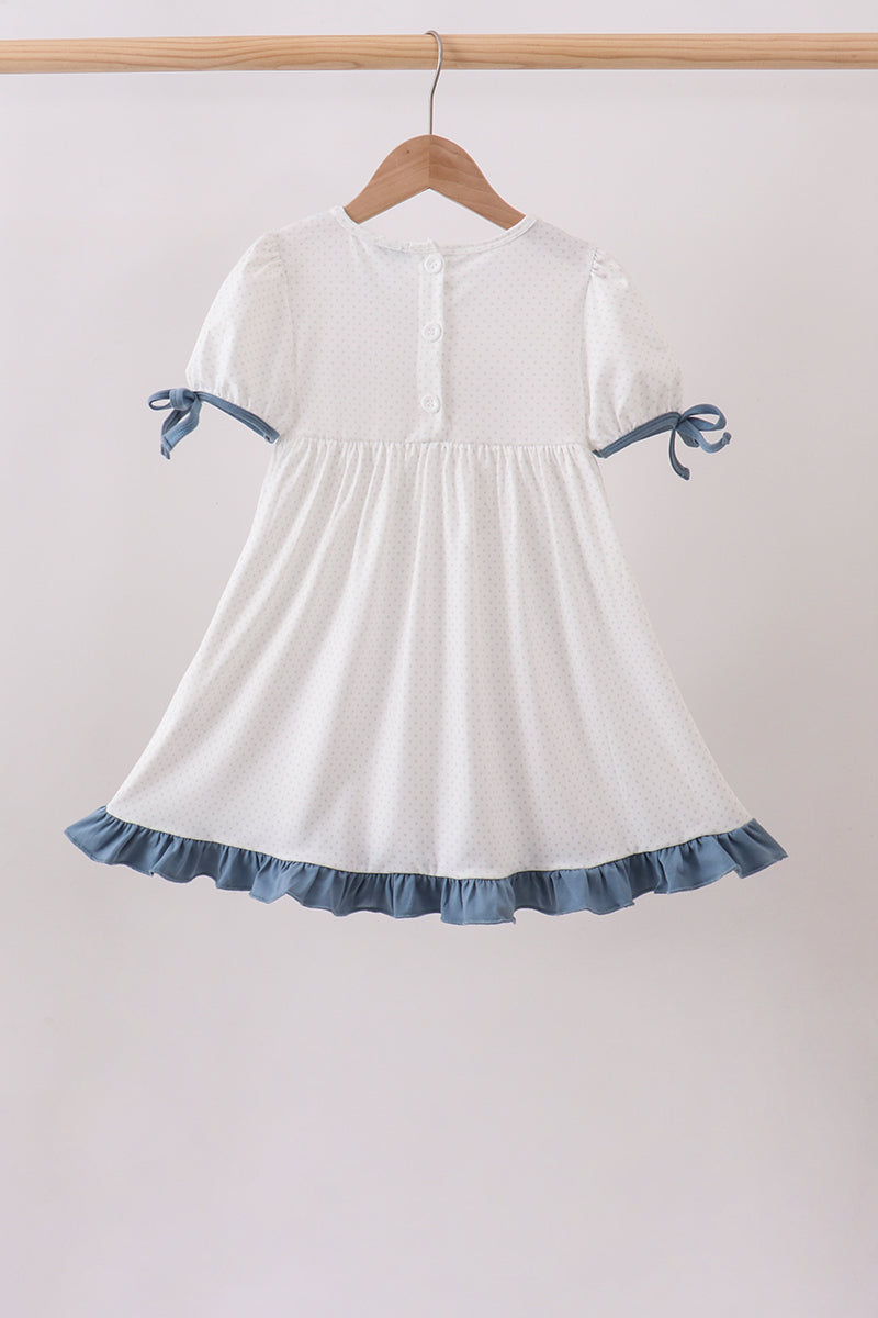 Girls Back to School Blue Apple Crayon French Knot Ruffle Dress