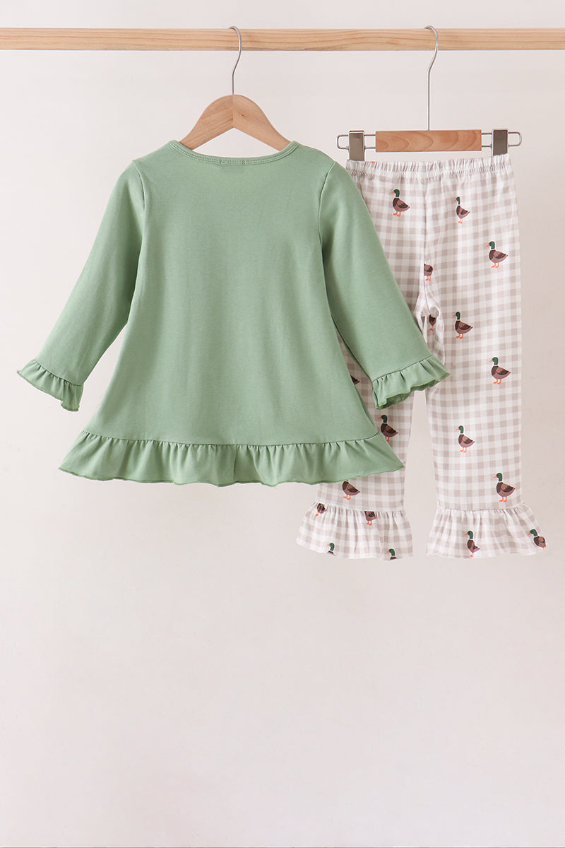Green Duck Quack Embroidery Ruffle Pants Set