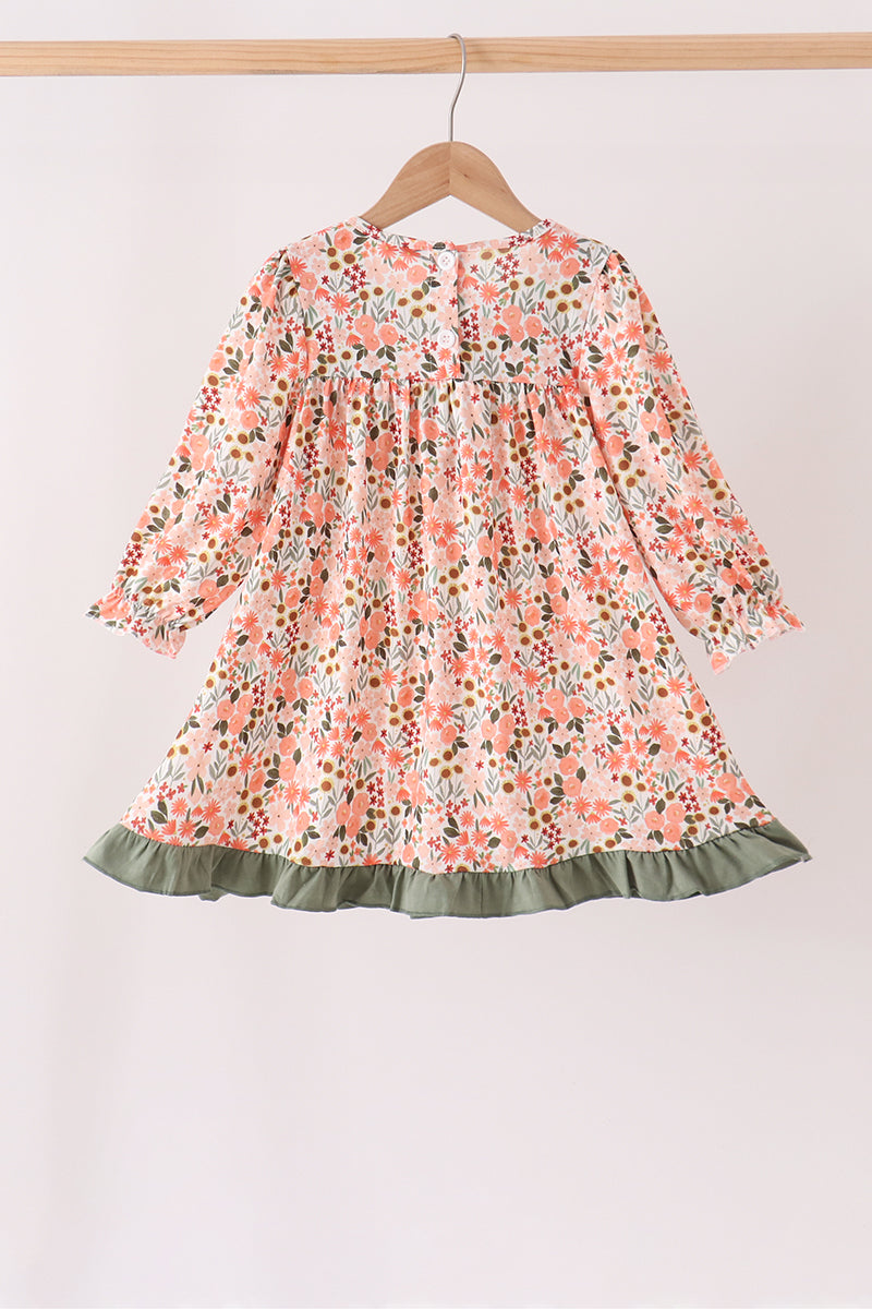 Girls Fall Green Floral Ruffle Dress