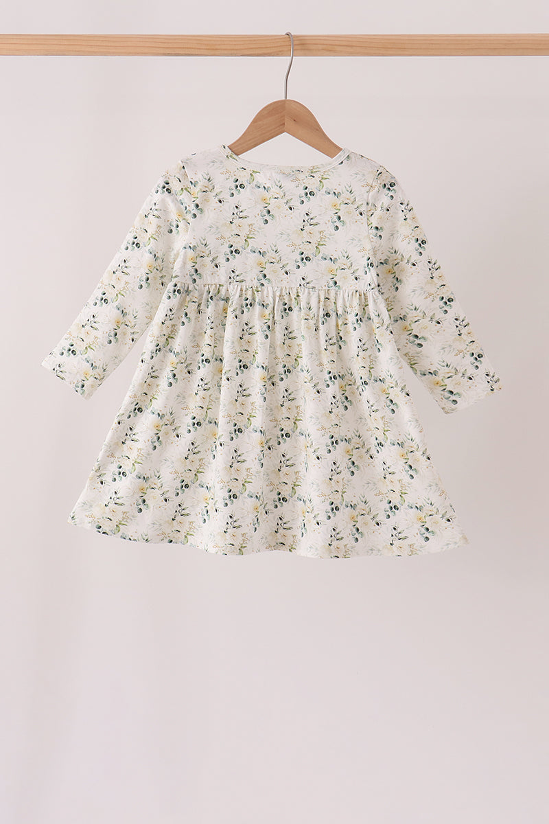 Girls Sage Floral Smocked Ruffle Dress