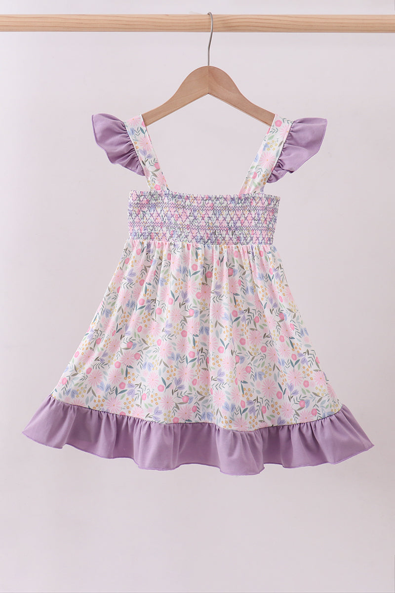 Purple Floral Smocked Ruffle Dress