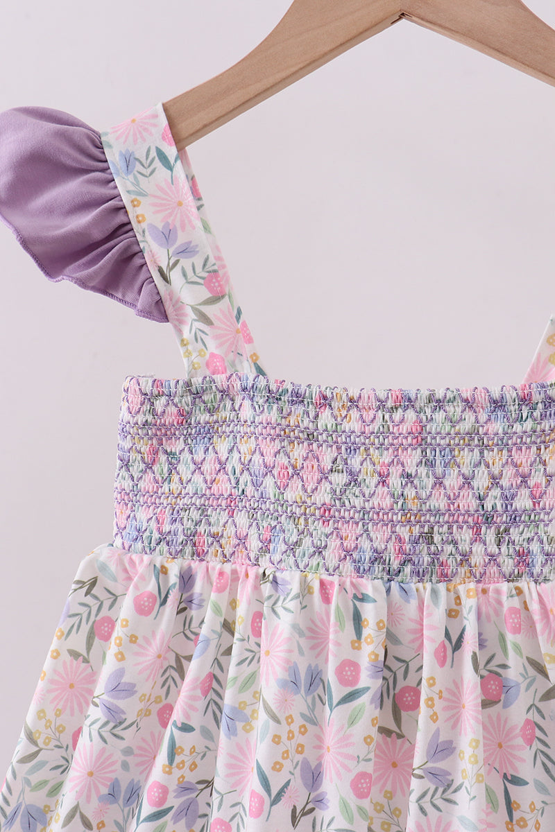 Purple Floral Smocked Ruffle Dress