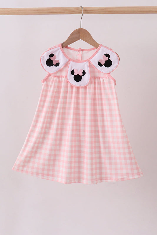 Pink Character Embroidery Gingham Dress
