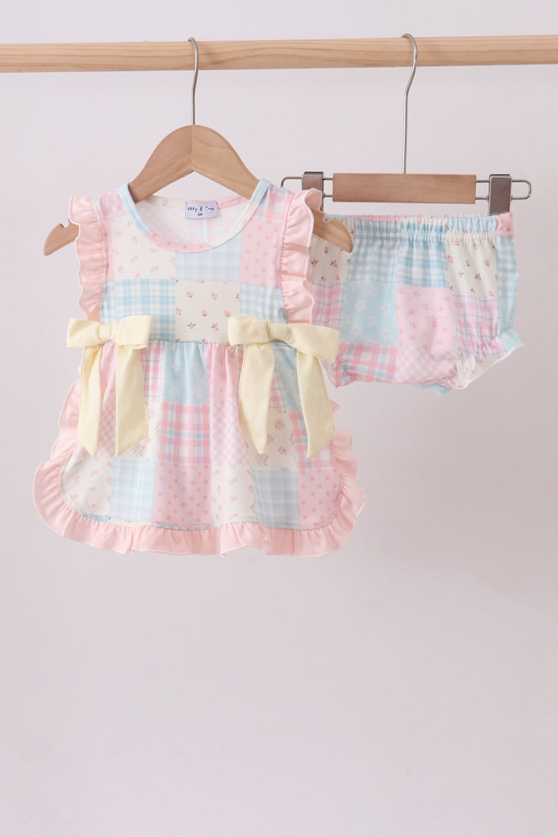 Baby Girls Pink Floral Print Checkered Bloomer Set