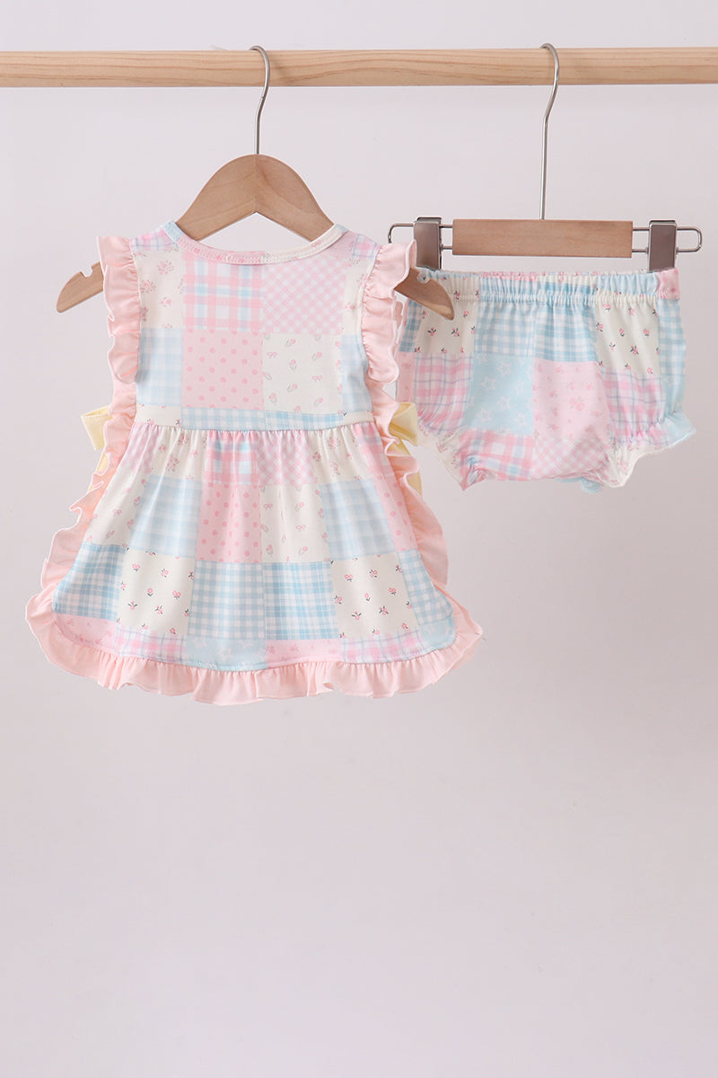 Baby Girls Pink Floral Print Checkered Bloomer Set