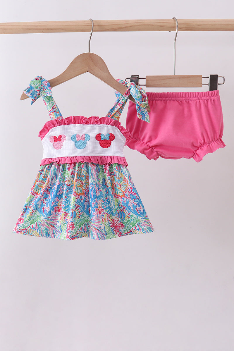 Baby Girls Pink mouse character smocked ruffle bloomer set