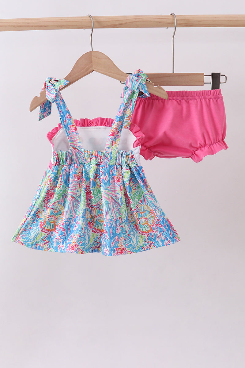 Baby Girls Pink mouse character smocked ruffle bloomer set