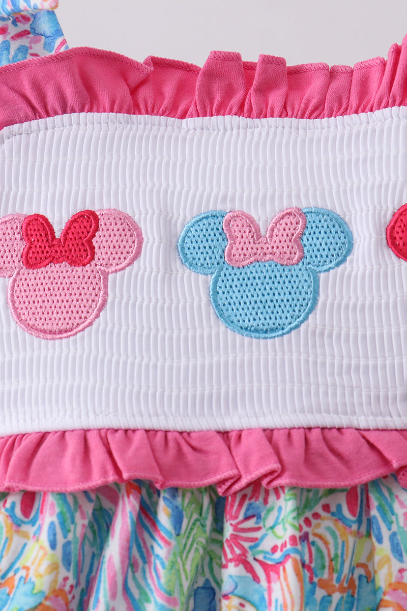 Baby Girls Pink mouse character smocked ruffle bloomer set