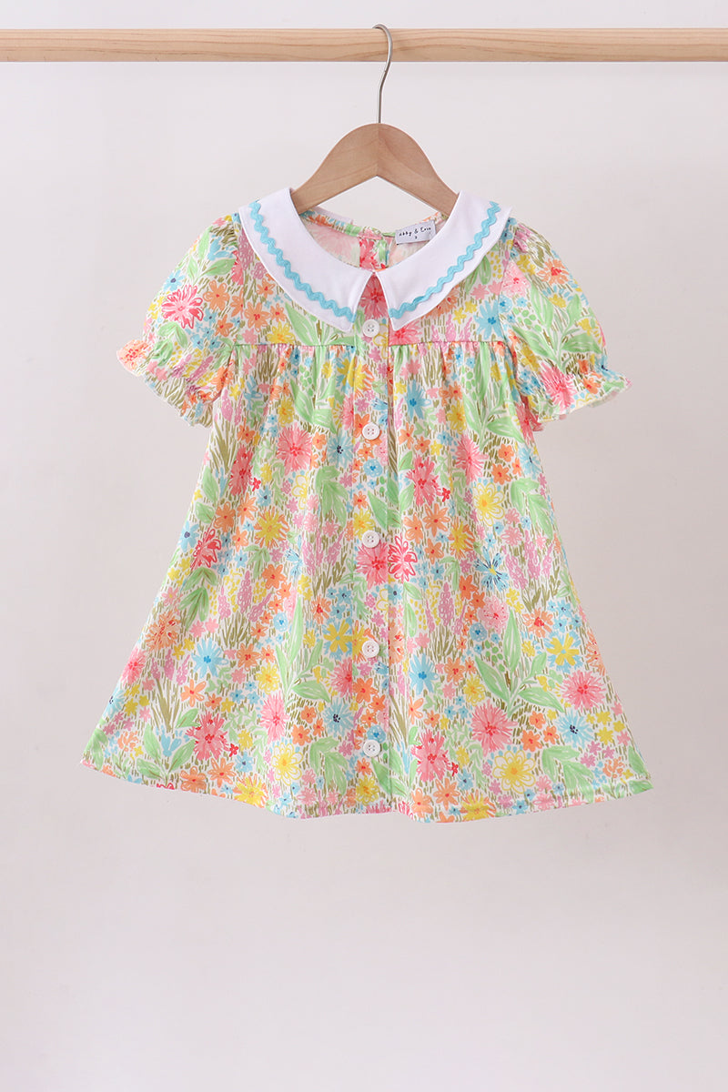 Pink Floral Print Puff Sleeve Ruffle Dress