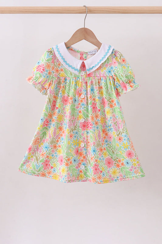 Pink Floral Print Puff Sleeve Ruffle Dress