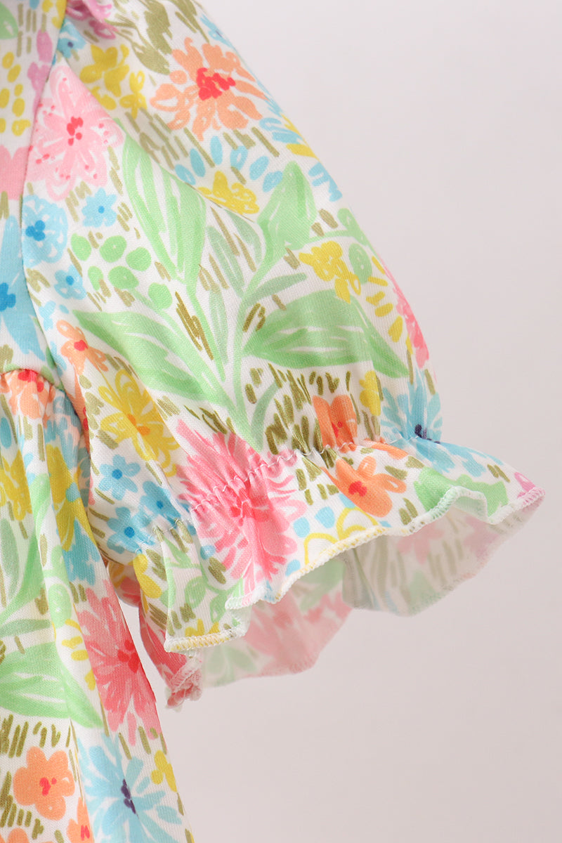 Pink Floral Print Puff Sleeve Ruffle Dress