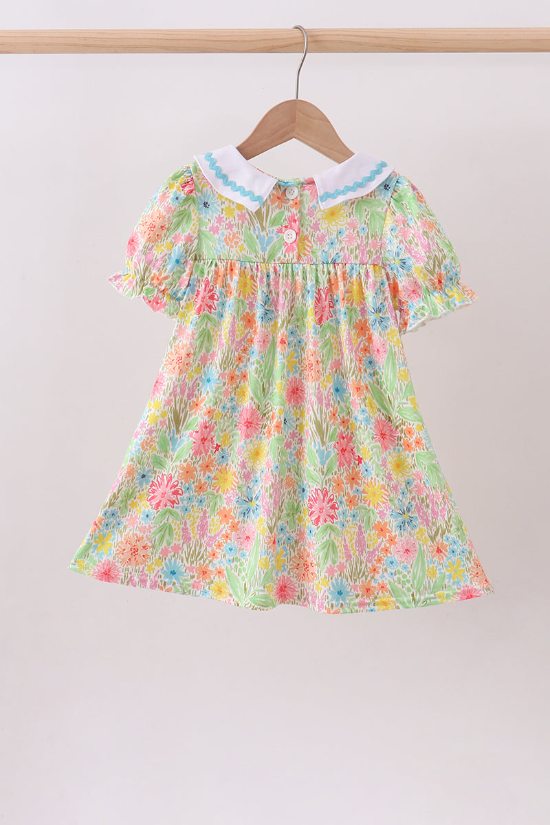 Pink Floral Print Puff Sleeve Ruffle Dress