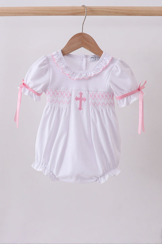 White Cross Smocked Bubble