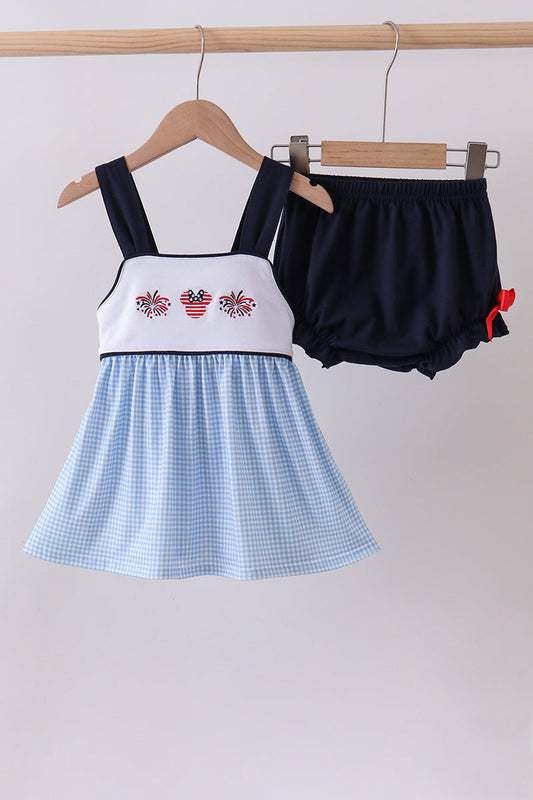Blue Character Embroidered Gingham Bloomer Set