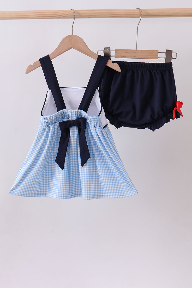 Baby & Toddler Girls Blue Mouse Patriotic Character Embroidered Gingham Bloomer Set