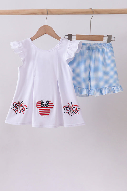 Blue Character Fireworks Embroidered Gingham Ruffle Shorts Set