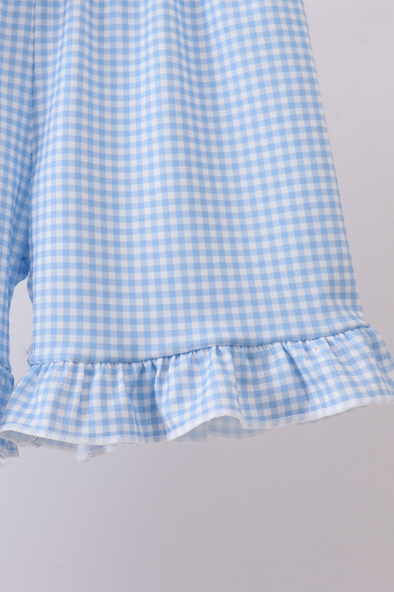 Blue Character Fireworks Embroidered Gingham Ruffle Shorts Set